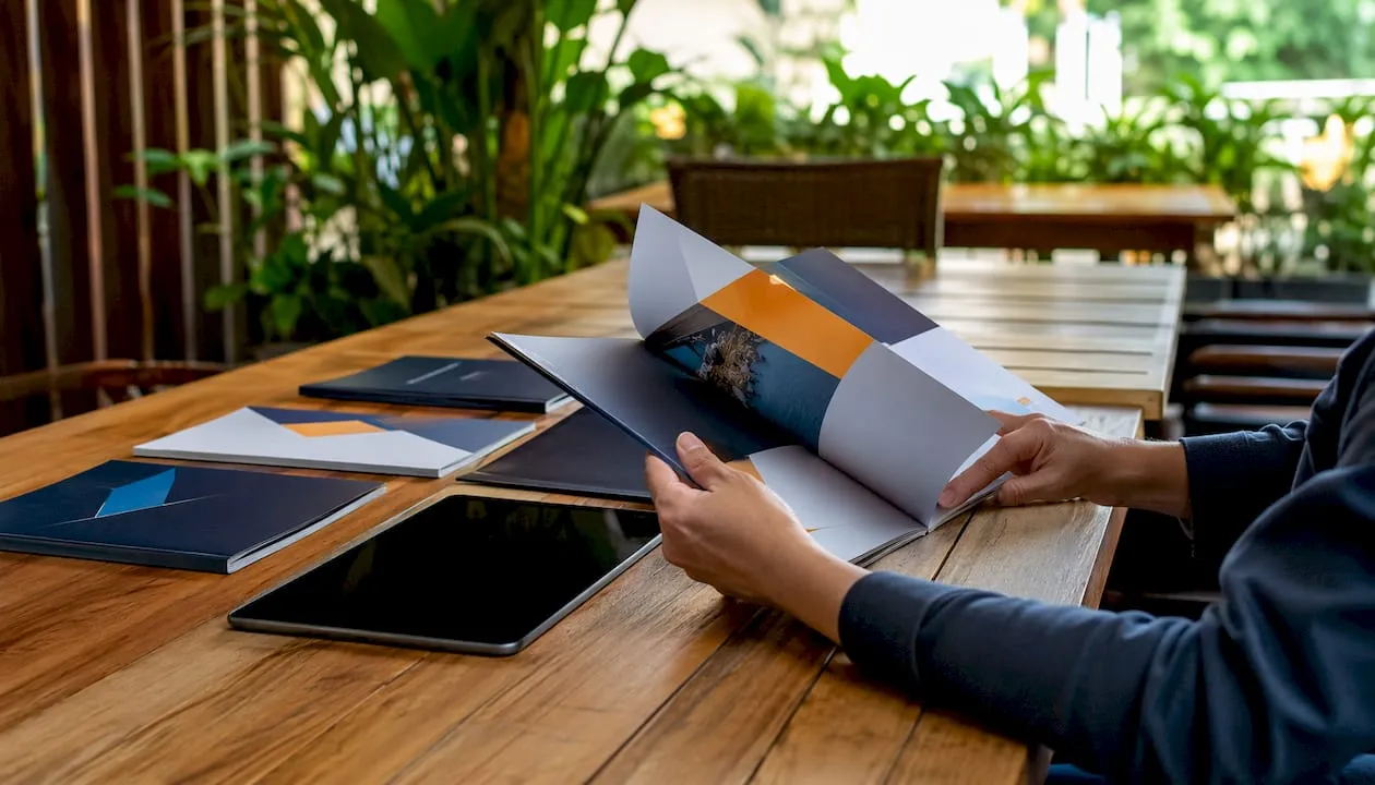 Hands pointing at brochures in meeting room