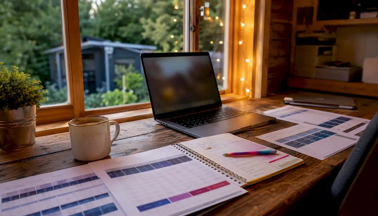 Workspace with laptop and printed web platform comparisons