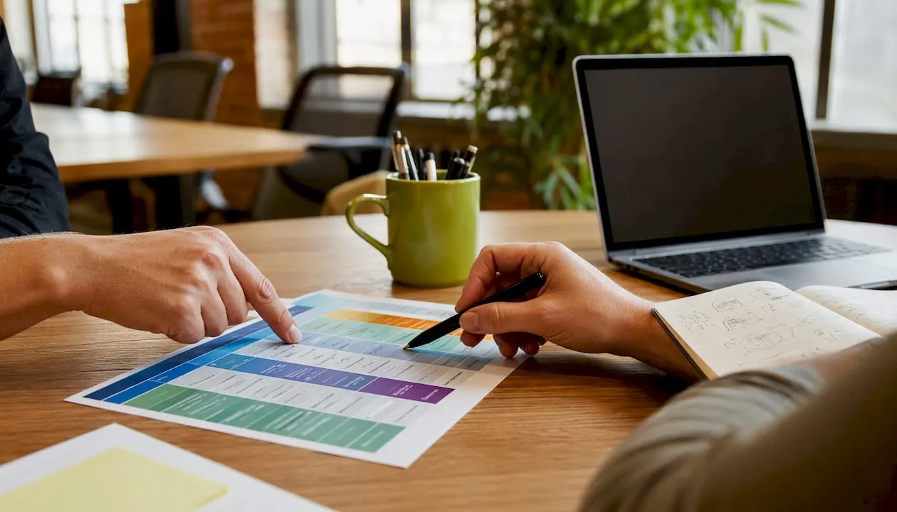 Hands reviewing printed web design provider comparisons