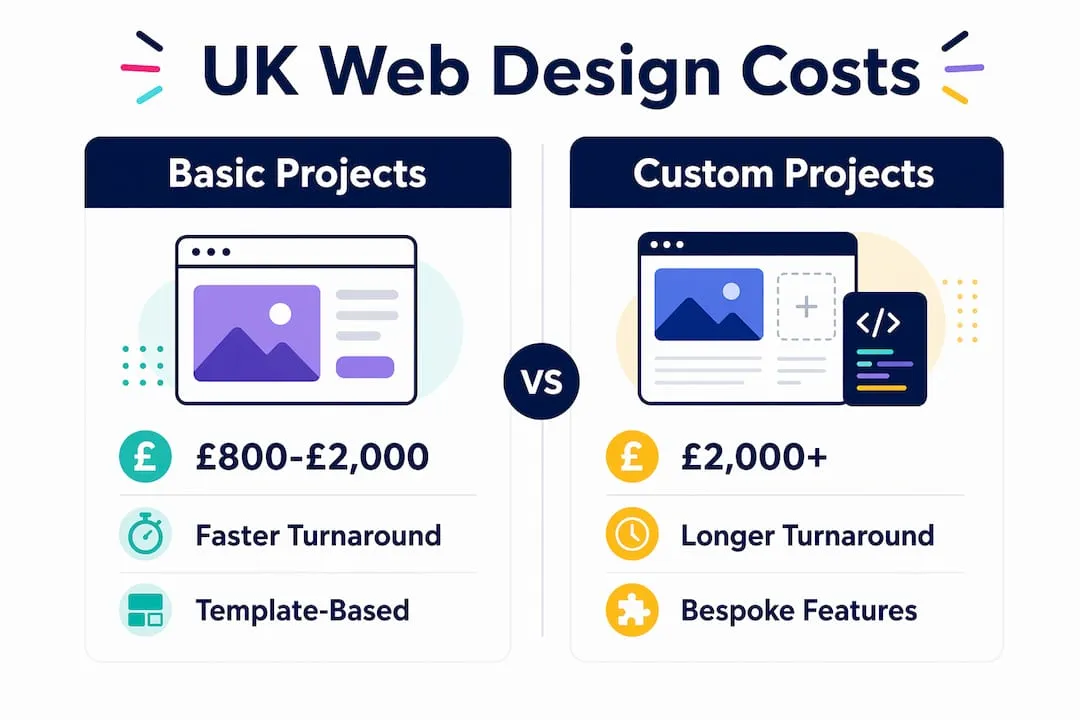 Infographic comparing basic and custom UK web design costs