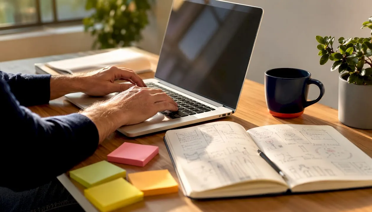 Hands typing marketing data in workspace