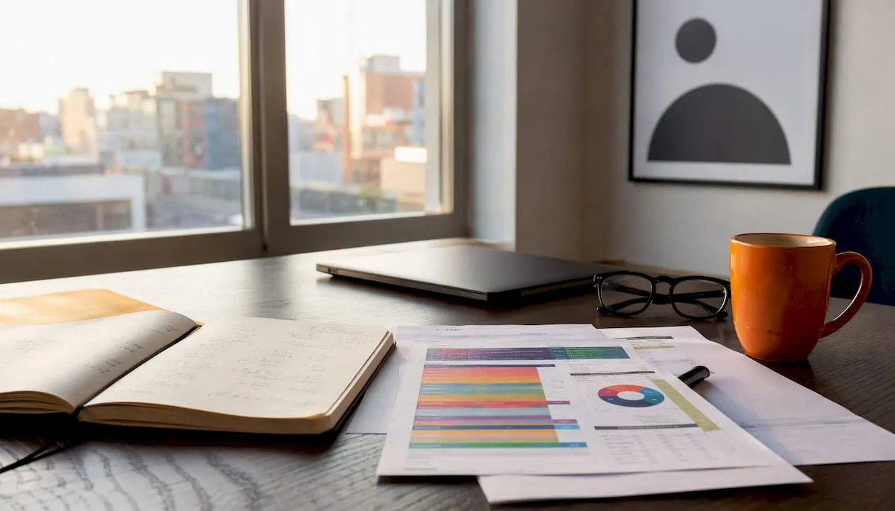 SEO agency desktop with notes and laptop