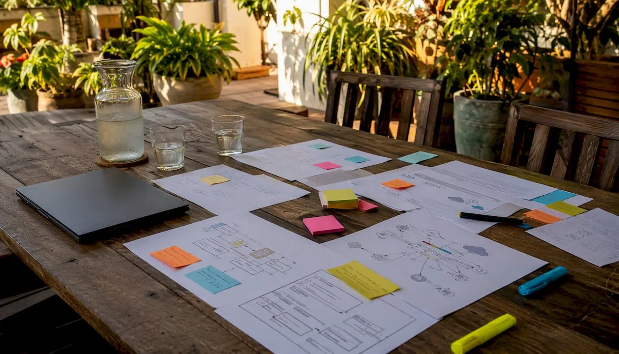 Overhead view of CMS architecture comparison documents on table