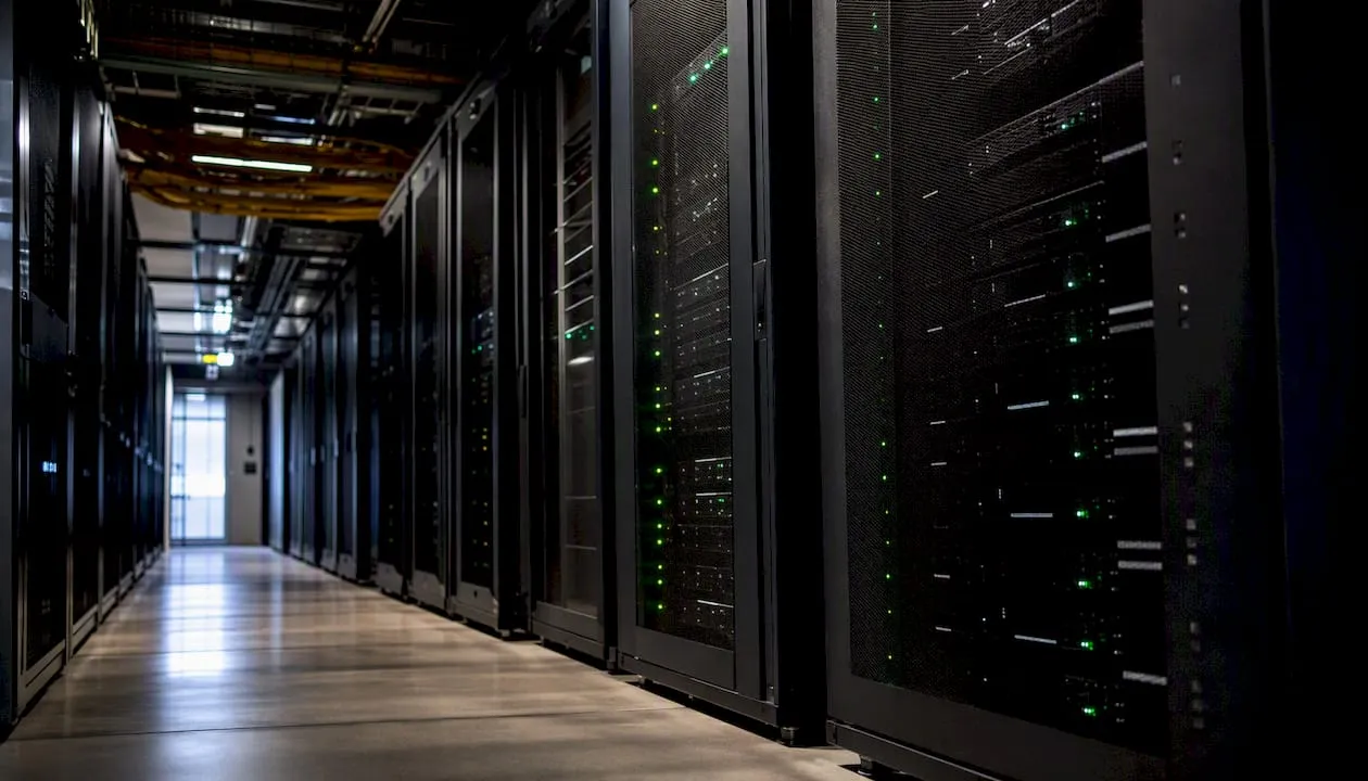 Modern UK server racks illuminated with blue LEDs