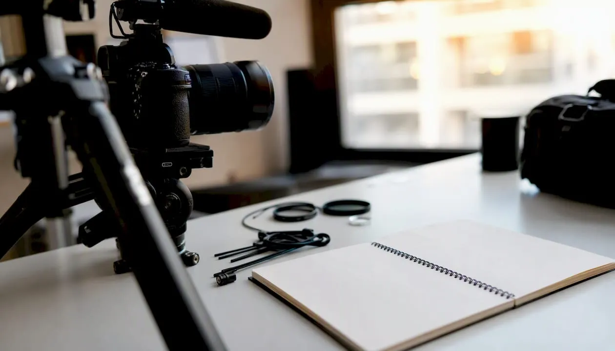 Close-up of video production equipment and storyboard