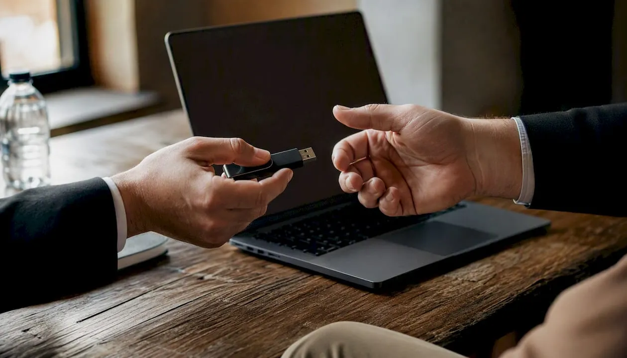 Hands exchanging digital data storage device