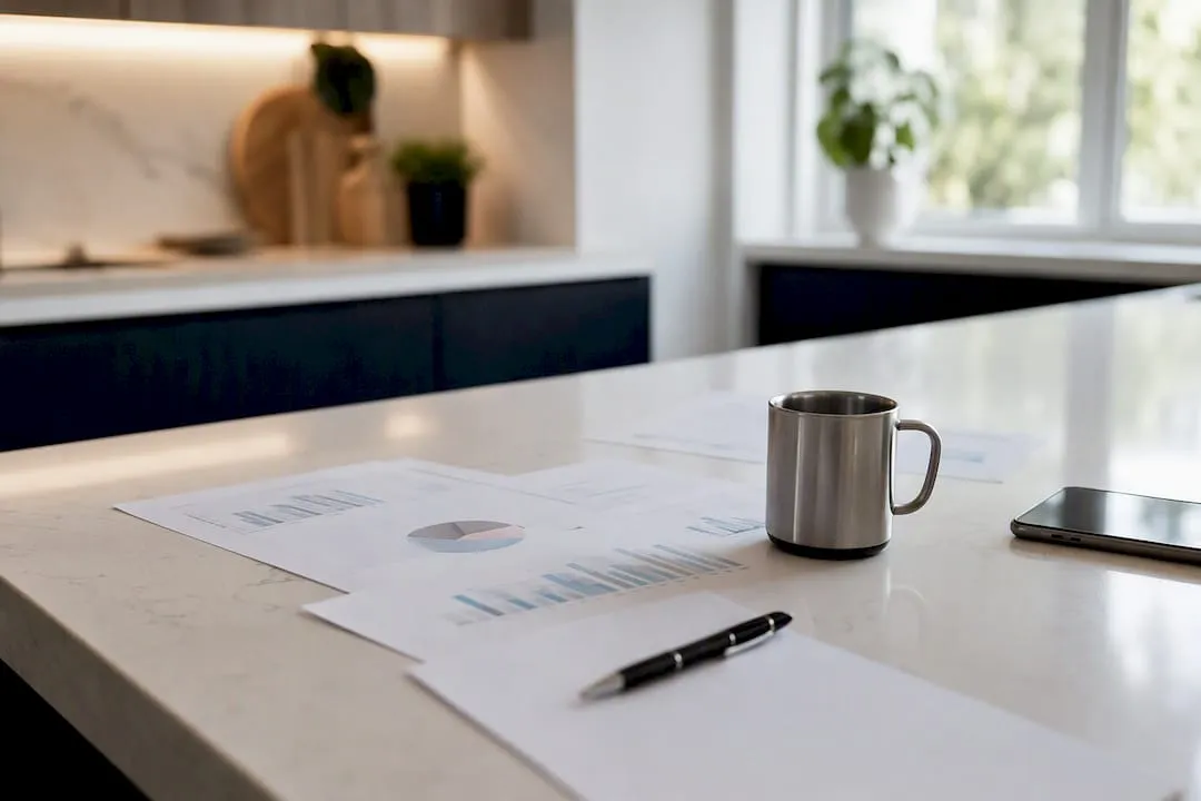 Desk with generic competitor charts and mug