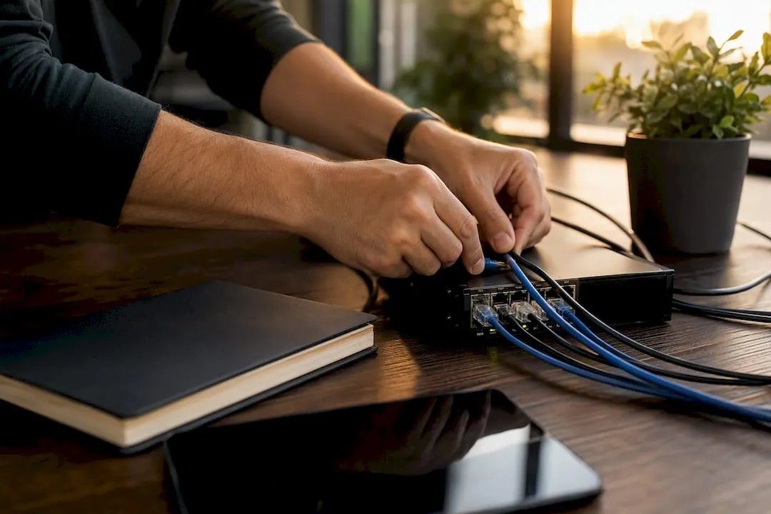 Hands adjusting cables in digital agency workspace