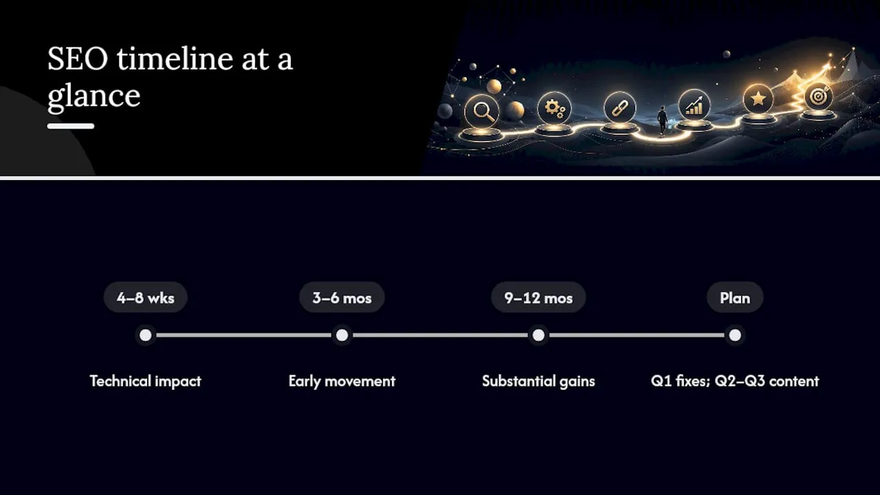 SEO results timeline from fixes to growth