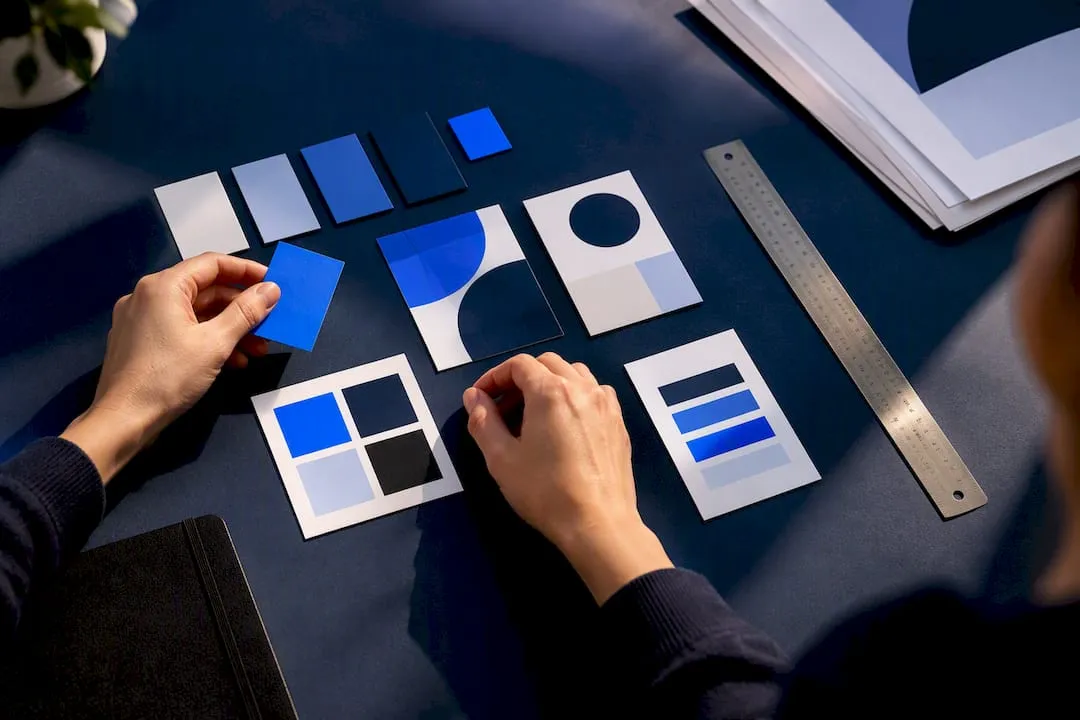 Style guide materials arranged on navy surface