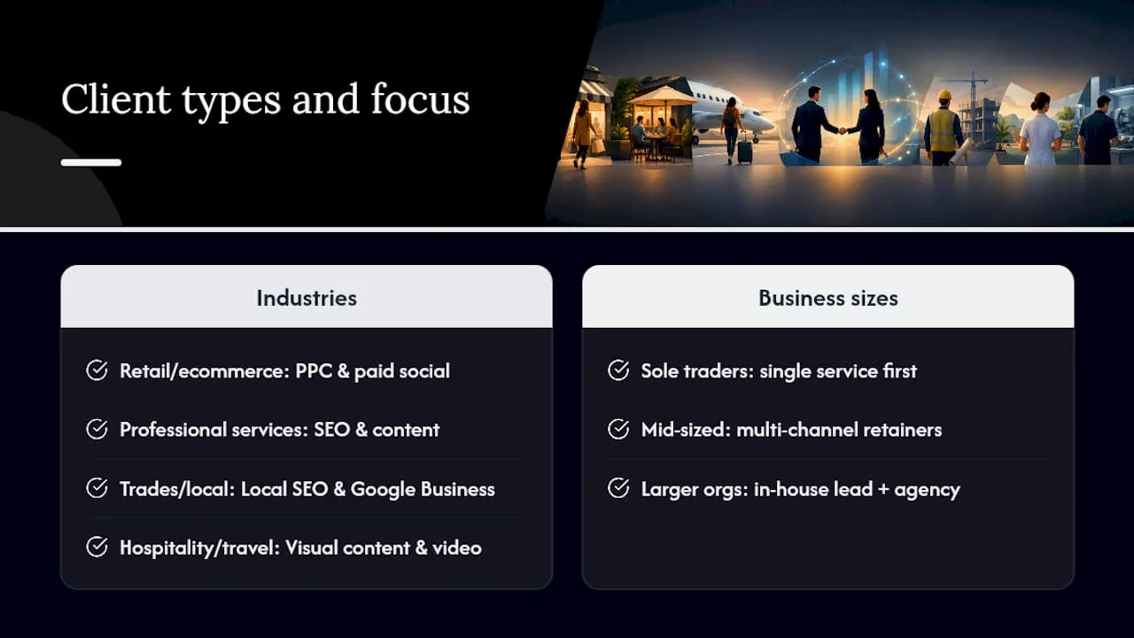 What industries and business sizes use digital marketing companies? — overview diagram