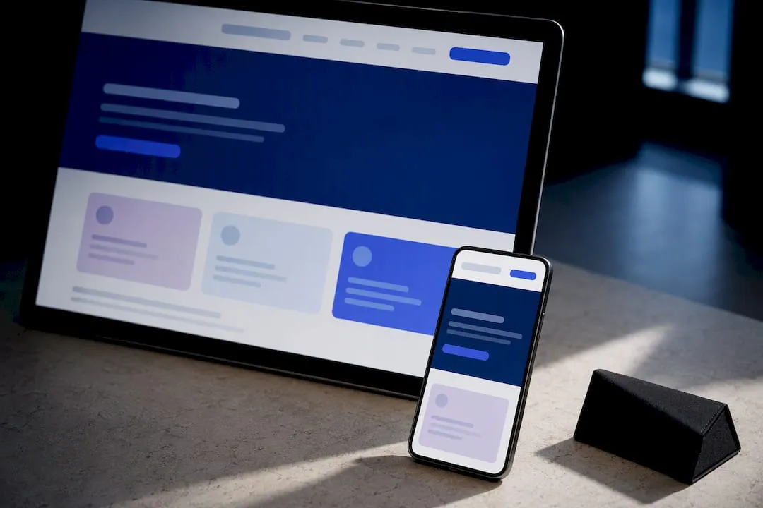 Responsive startup website screens on studio surface