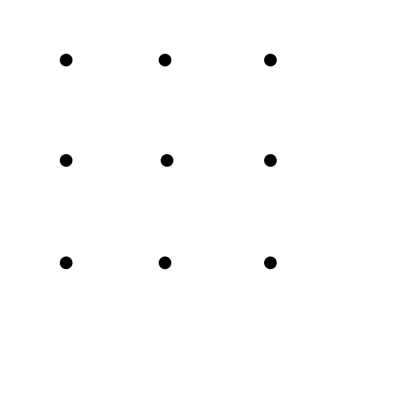Link all 9 dots using four straight lines or fewer, without lifting the pen and without tracing the same line more than once.
